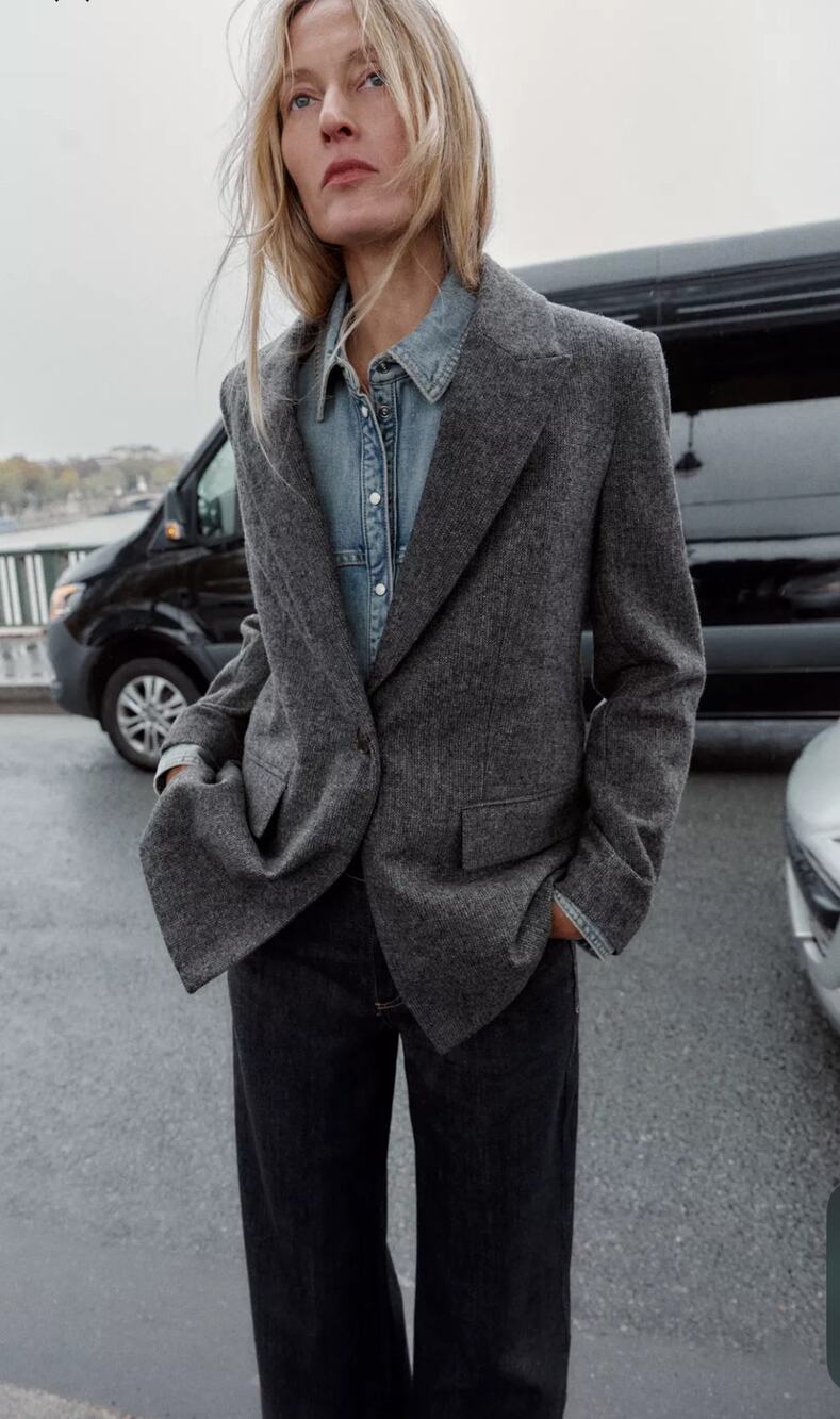 Zara Gray Herringbone Wool Blazer M Menswear Dark Academia Tailored
